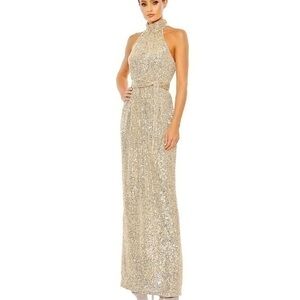 MAC DUGGAL Sequined Halter Neck Belted Soft Tie Gown